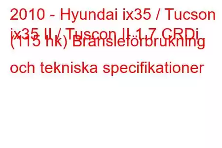 2010 - Hyundai ix35 / Tucson
ix35 II / Tuscon II 1.7 CRDi (115 hk) Bränsleförbrukning och tekniska specifikationer