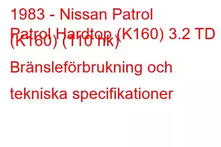 1983 - Nissan Patrol
Patrol Hardtop (K160) 3.2 TD (K160) (110 hk) Bränsleförbrukning och tekniska specifikationer