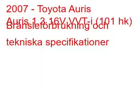 2007 - Toyota Auris
Auris 1.3 16V VVT-i (101 hk) Bränsleförbrukning och tekniska specifikationer