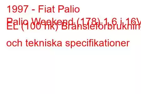 1997 - Fiat Palio
Palio Weekend (178) 1,6 i 16V EL (100 hk) Bränsleförbrukning och tekniska specifikationer