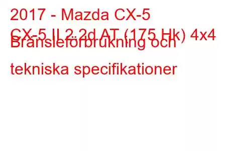 2017 - Mazda CX-5
CX-5 II 2.2d AT (175 Hk) 4x4 Bränsleförbrukning och tekniska specifikationer