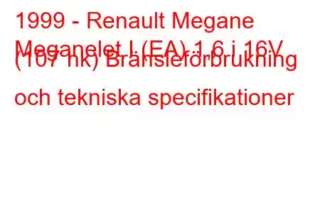 1999 - Renault Megane
Meganelet I (EA) 1,6 i 16V (107 hk) Bränsleförbrukning och tekniska specifikationer