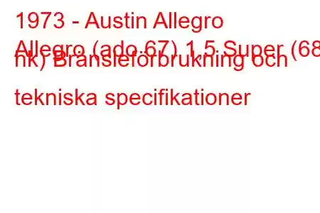 1973 - Austin Allegro
Allegro (ado 67) 1,5 Super (68 hk) Bränsleförbrukning och tekniska specifikationer