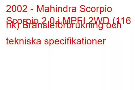 2002 - Mahindra Scorpio
Scorpio 2.0 i MPFI 2WD (116 hk) Bränsleförbrukning och tekniska specifikationer