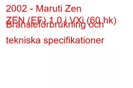 2002 - Maruti Zen
ZEN (EF) 1.0 i VXi (60 hk) Bränsleförbrukning och tekniska specifikationer