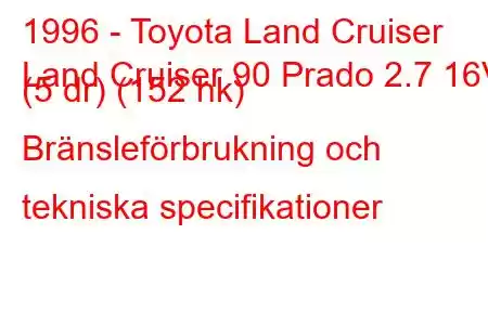 1996 - Toyota Land Cruiser
Land Cruiser 90 Prado 2.7 16V (5 dr) (152 hk) Bränsleförbrukning och tekniska specifikationer