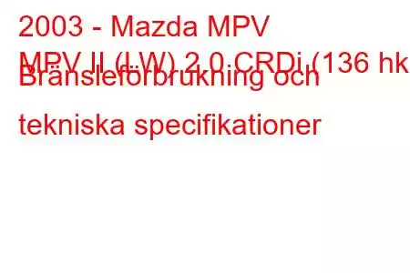 2003 - Mazda MPV
MPV II (LW) 2.0 CRDi (136 hk) Bränsleförbrukning och tekniska specifikationer