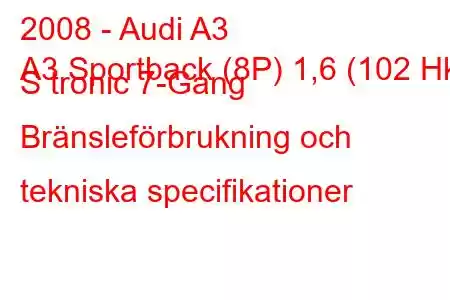 2008 - Audi A3
A3 Sportback (8P) 1,6 (102 Hk) S tronic 7-Gang Bränsleförbrukning och tekniska specifikationer