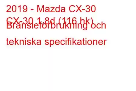 2019 - Mazda CX-30
CX-30 1,8d (116 hk) Bränsleförbrukning och tekniska specifikationer