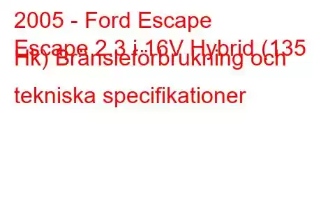 2005 - Ford Escape
Escape 2.3 i 16V Hybrid (135 Hk) Bränsleförbrukning och tekniska specifikationer