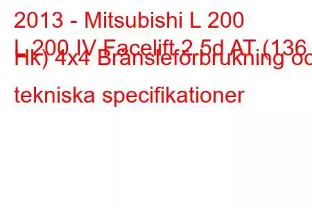 2013 - Mitsubishi L 200
L 200 IV Facelift 2.5d AT (136 Hk) 4x4 Bränsleförbrukning och tekniska specifikationer