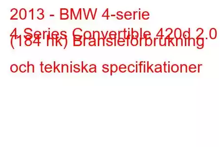 2013 - BMW 4-serie
4 Series Convertible 420d 2.0 (184 hk) Bränsleförbrukning och tekniska specifikationer