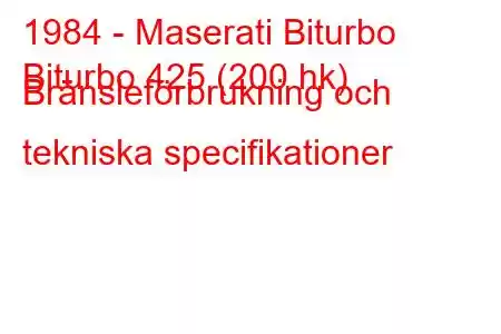 1984 - Maserati Biturbo
Biturbo 425 (200 hk) Bränsleförbrukning och tekniska specifikationer