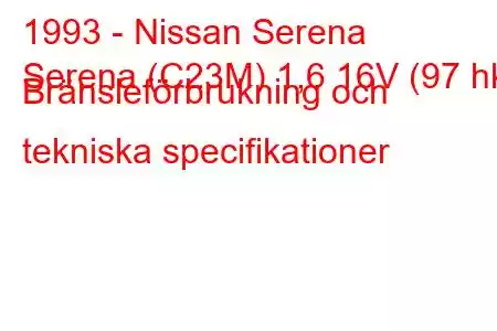 1993 - Nissan Serena
Serena (C23M) 1,6 16V (97 hk) Bränsleförbrukning och tekniska specifikationer