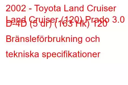 2002 - Toyota Land Cruiser
Land Cruiser (120) Prado 3.0 D-4D (5 dr) (163 Hk) 120 Bränsleförbrukning och tekniska specifikationer