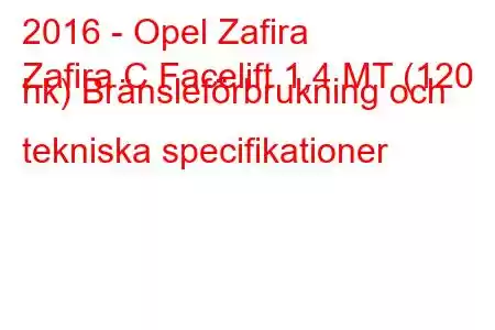 2016 - Opel Zafira
Zafira C Facelift 1,4 MT (120 hk) Bränsleförbrukning och tekniska specifikationer