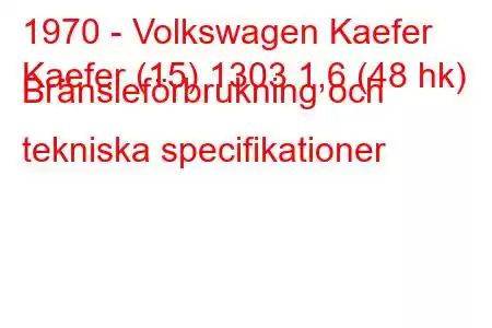 1970 - Volkswagen Kaefer
Kaefer (15) 1303 1,6 (48 hk) Bränsleförbrukning och tekniska specifikationer