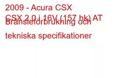 2009 - Acura CSX
CSX 2.0 i 16V (157 hk) AT Bränsleförbrukning och tekniska specifikationer