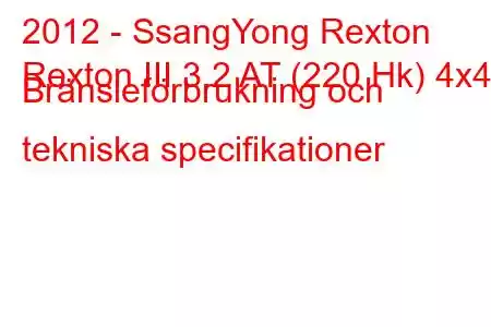 2012 - SsangYong Rexton
Rexton III 3.2 AT (220 Hk) 4x4 Bränsleförbrukning och tekniska specifikationer