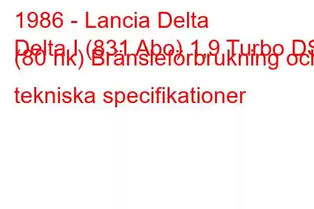 1986 - Lancia Delta
Delta I (831 Abo) 1,9 Turbo DS (80 hk) Bränsleförbrukning och tekniska specifikationer