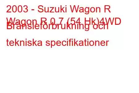 2003 - Suzuki Wagon R
Wagon R 0,7 (54 Hk)4WD Bränsleförbrukning och tekniska specifikationer