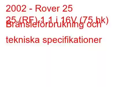 2002 - Rover 25
25 (RF) 1,1 i 16V (75 hk) Bränsleförbrukning och tekniska specifikationer