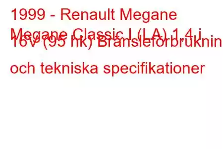 1999 - Renault Megane
Megane Classic I (LA) 1,4 i 16V (95 hk) Bränsleförbrukning och tekniska specifikationer