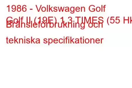 1986 - Volkswagen Golf
Golf II (19E) 1,3 TIMES (55 Hk) Bränsleförbrukning och tekniska specifikationer