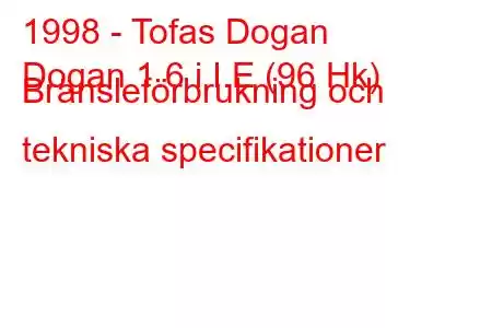 1998 - Tofas Dogan
Dogan 1.6 i I.E (96 Hk) Bränsleförbrukning och tekniska specifikationer