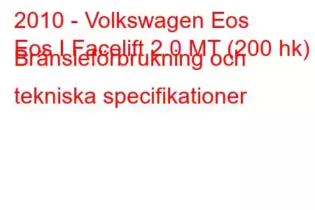 2010 - Volkswagen Eos
Eos I Facelift 2.0 MT (200 hk) Bränsleförbrukning och tekniska specifikationer