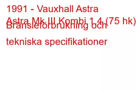 1991 - Vauxhall Astra
Astra Mk III Kombi 1.4 (75 hk) Bränsleförbrukning och tekniska specifikationer