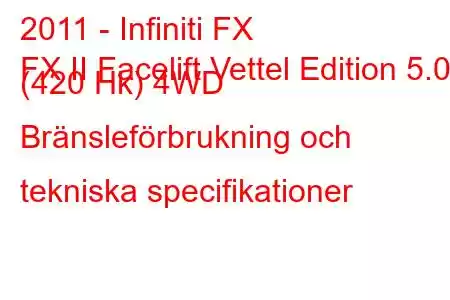 2011 - Infiniti FX
FX II Facelift Vettel Edition 5.0 (420 Hk) 4WD Bränsleförbrukning och tekniska specifikationer