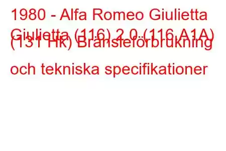 1980 - Alfa Romeo Giulietta
Giulietta (116) 2.0 (116.A1A) (131 Hk) Bränsleförbrukning och tekniska specifikationer