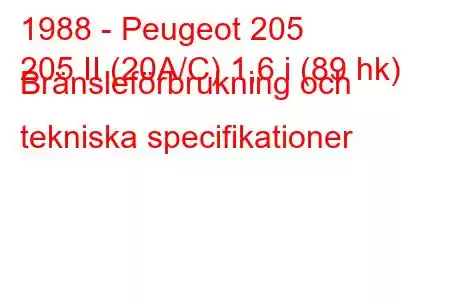 1988 - Peugeot 205
205 II (20A/C) 1,6 i (89 hk) Bränsleförbrukning och tekniska specifikationer