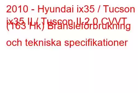 2010 - Hyundai ix35 / Tucson
ix35 II / Tuscon II 2.0 CVVT (163 Hk) Bränsleförbrukning och tekniska specifikationer