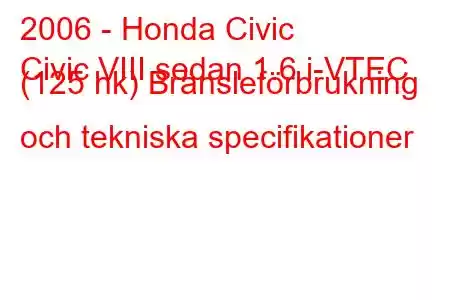 2006 - Honda Civic
Civic VIII sedan 1.6 i-VTEC (125 hk) Bränsleförbrukning och tekniska specifikationer