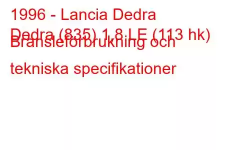 1996 - Lancia Dedra
Dedra (835) 1,8 LE (113 hk) Bränsleförbrukning och tekniska specifikationer