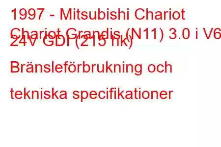 1997 - Mitsubishi Chariot
Chariot Grandis (N11) 3.0 i V6 24V GDI (215 hk) Bränsleförbrukning och tekniska specifikationer