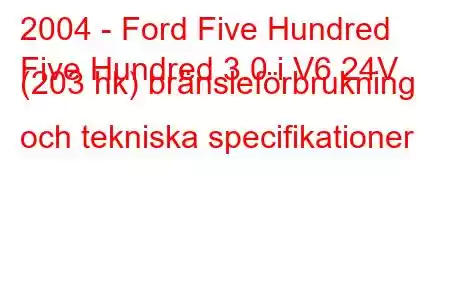 2004 - Ford Five Hundred
Five Hundred 3.0 i V6 24V (203 hk) bränsleförbrukning och tekniska specifikationer