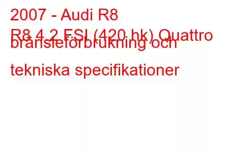 2007 - Audi R8
R8 4.2 FSI (420 hk) Quattro bränsleförbrukning och tekniska specifikationer