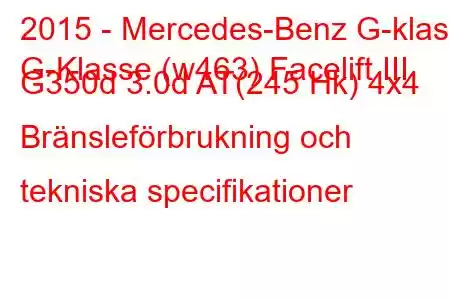 2015 - Mercedes-Benz G-klass
G-Klasse (w463) Facelift III G350d 3.0d AT(245 Hk) 4x4 Bränsleförbrukning och tekniska specifikationer