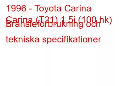 1996 - Toyota Carina
Carina (T21) 1,5i (100 hk) Bränsleförbrukning och tekniska specifikationer