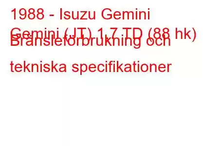 1988 - Isuzu Gemini
Gemini (JT) 1,7 TD (88 hk) Bränsleförbrukning och tekniska specifikationer