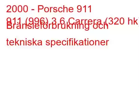 2000 - Porsche 911
911 (996) 3.6 Carrera (320 hk) Bränsleförbrukning och tekniska specifikationer