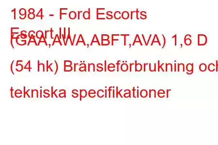 1984 - Ford Escorts
Escort III (GAA,AWA,ABFT,AVA) 1,6 D (54 hk) Bränsleförbrukning och tekniska specifikationer