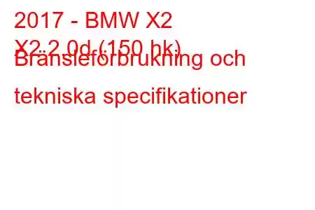 2017 - BMW X2
X2 2.0d (150 hk) Bränsleförbrukning och tekniska specifikationer