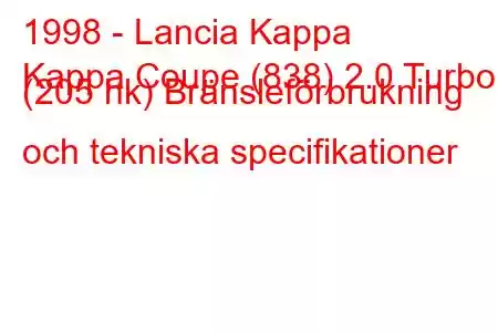 1998 - Lancia Kappa
Kappa Coupe (838) 2.0 Turbo (205 hk) Bränsleförbrukning och tekniska specifikationer