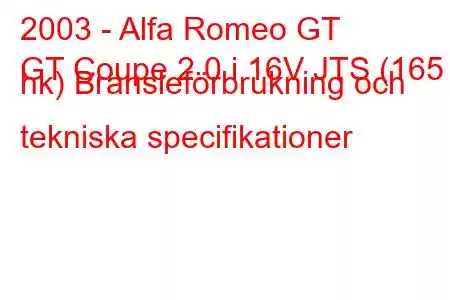 2003 - Alfa Romeo GT
GT Coupe 2.0 i 16V JTS (165 hk) Bränsleförbrukning och tekniska specifikationer