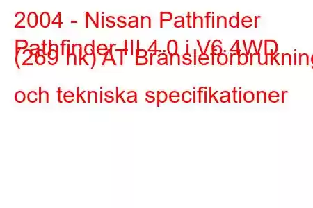 2004 - Nissan Pathfinder
Pathfinder III 4.0 i V6 4WD (269 hk) AT Bränsleförbrukning och tekniska specifikationer