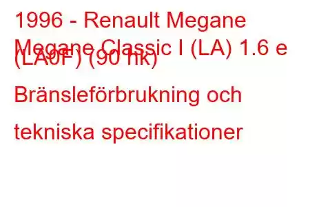 1996 - Renault Megane
Megane Classic I (LA) 1.6 e (LA0F) (90 hk) Bränsleförbrukning och tekniska specifikationer